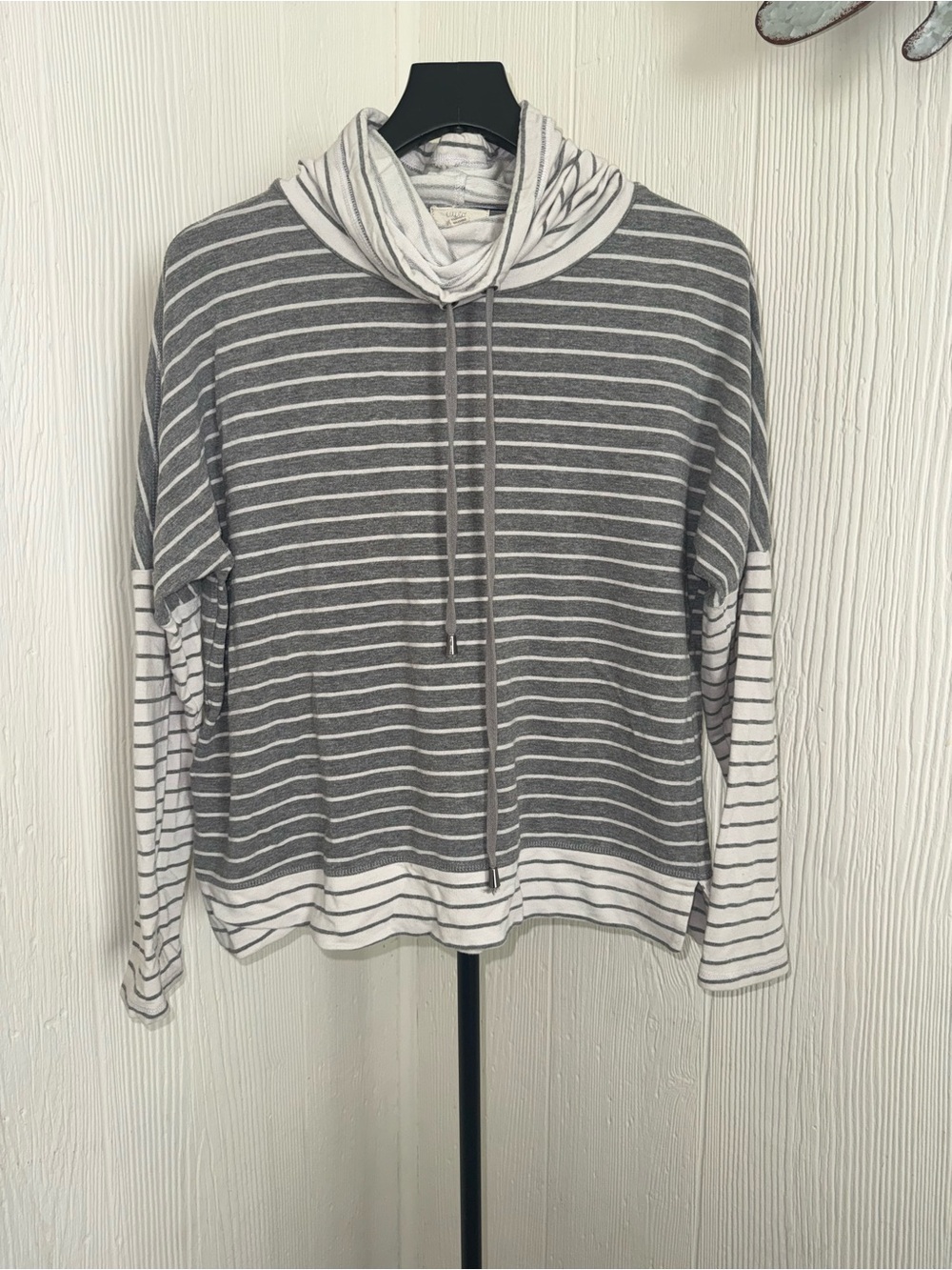Cupio Gray and White Striped Cowl Neck Pullover